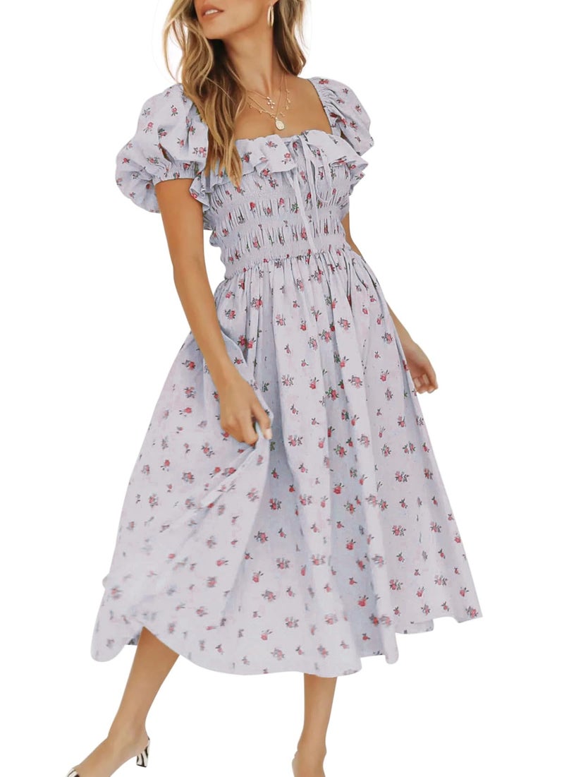 R.Vivimos Womens Summer Floral Print Puff Sleeves Vintage Ruffles Midi Dress (Medium, Gray) - Image 3